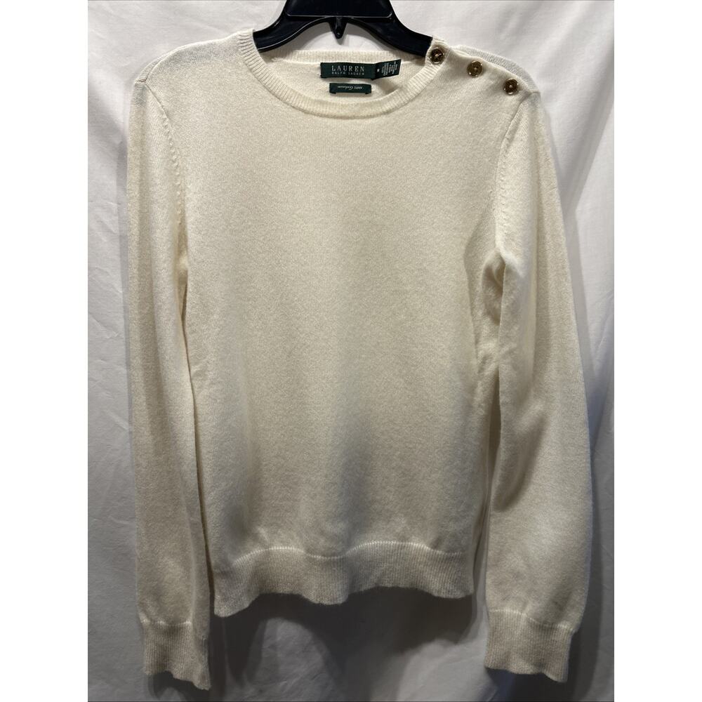 Lauren Ralph Lauren Cashmere Sweater Sz Medium Cream Lightweight Buttons Preppy